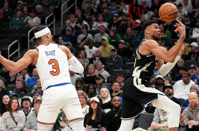 Milwaukee Bucks forward Giannis Antetokounmpo (34) keep the ball inbounds during the first half of their game against the New York Knicks Sunday, April 7, 2024 at Fiserv Forum in Milwaukee, Wisconsin.