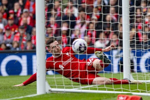 LIVERPOOL, ENGLAND - Sunday, April 14, 2024: Liverpool's Andy Robertson clears the ball off the goal-line during the FA Premier League match between Liverpool FC and Crystal Palace FC at Anfield. (Photo by David Rawcliffe/Propaganda)