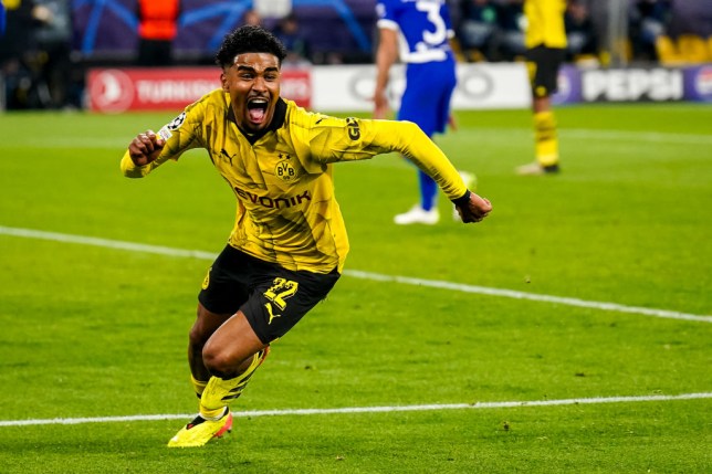 Ian Maatsen pictured celebrating his goal for Borussia Dortmund against Atletico Madrid