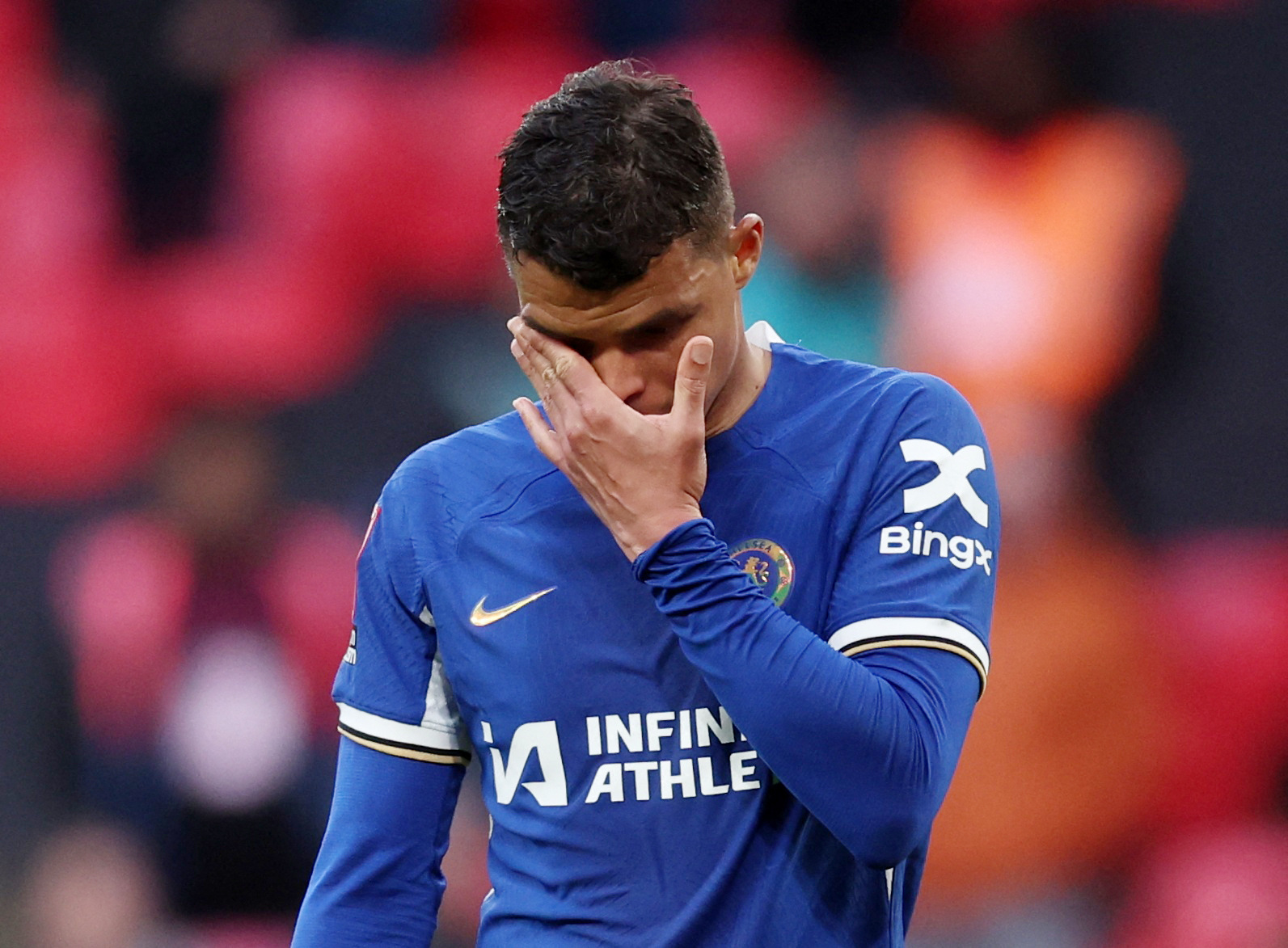 Thiago Silva wipes a tear from his eyes after Chelsea lost in the FA Cup semi