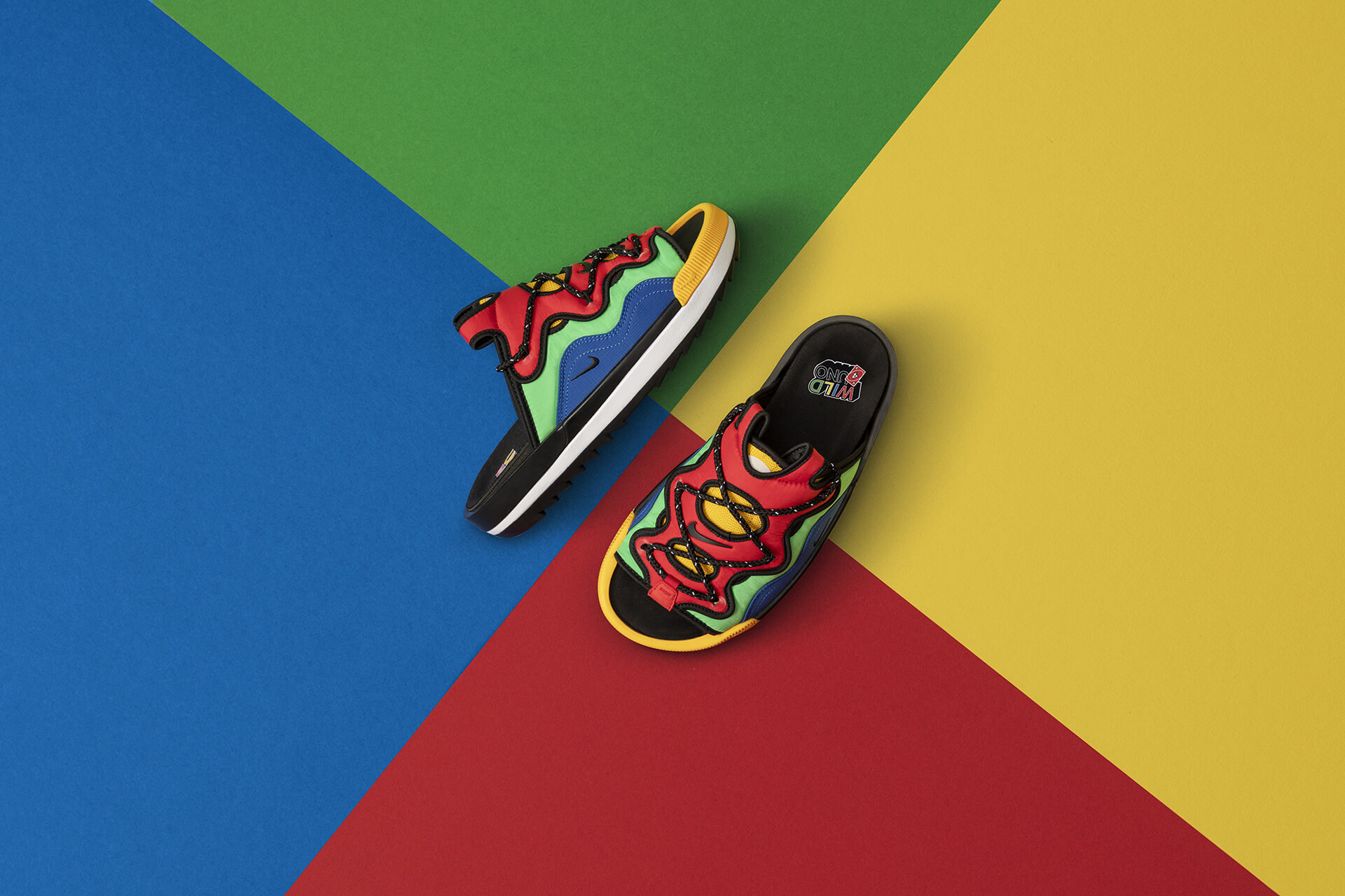 Nike’s ‘Offline’ slip-ons are particularly vibrantly designed, bearing the UNO ‘Wild’ logo near its heel| Nike x UNO Collaboration | Giannis Antetokounmpo | STIRworld