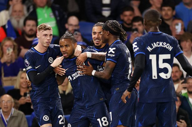 Chelsea celebrate Christopher Nkunku's goal against Brighton