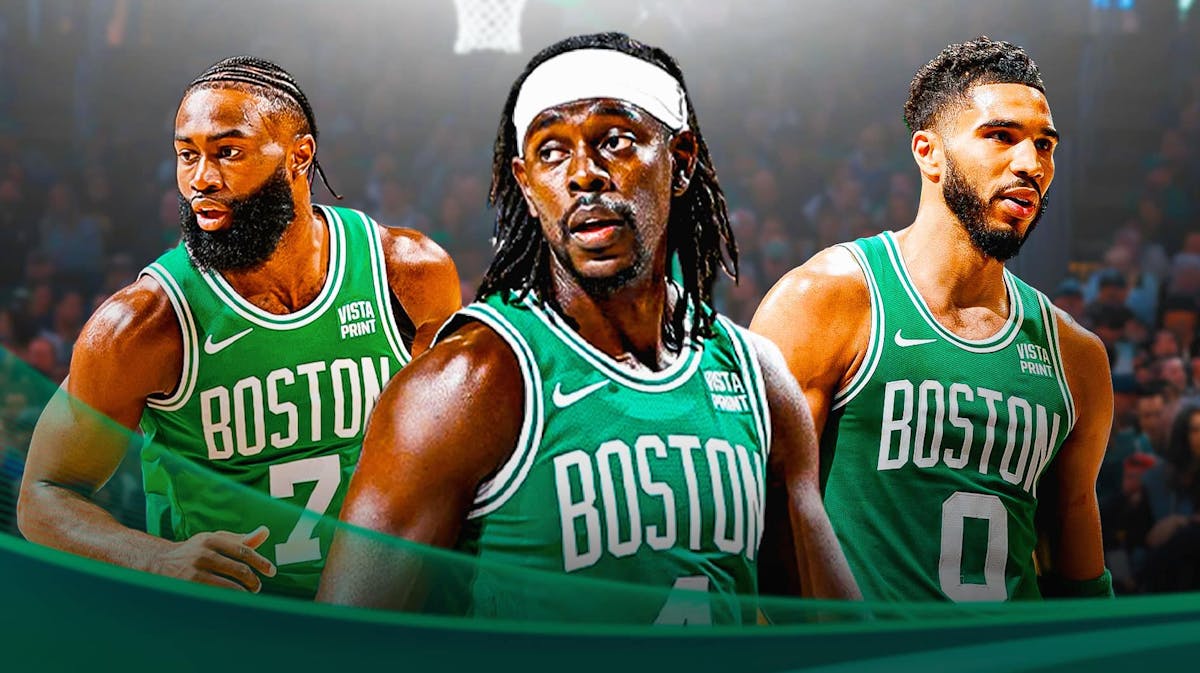 Jrue Holiday alongside Jayson Tatum and Jaylen Brown with the Celtics arena in the background, NBA Finals