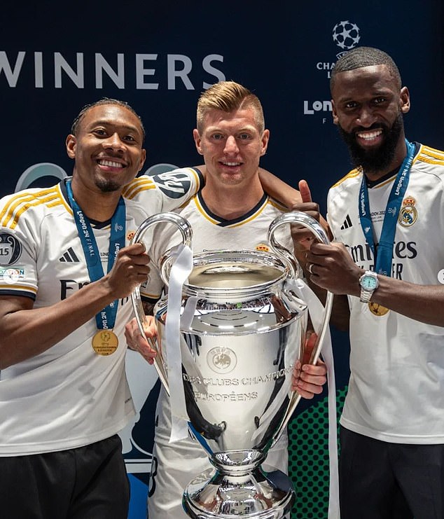 Saturday's triumph was the second time that Rudiger (right next to Alaba and Toni Kroos) has won the Champions League during his career - previously doing so with Chelsea back in 2021