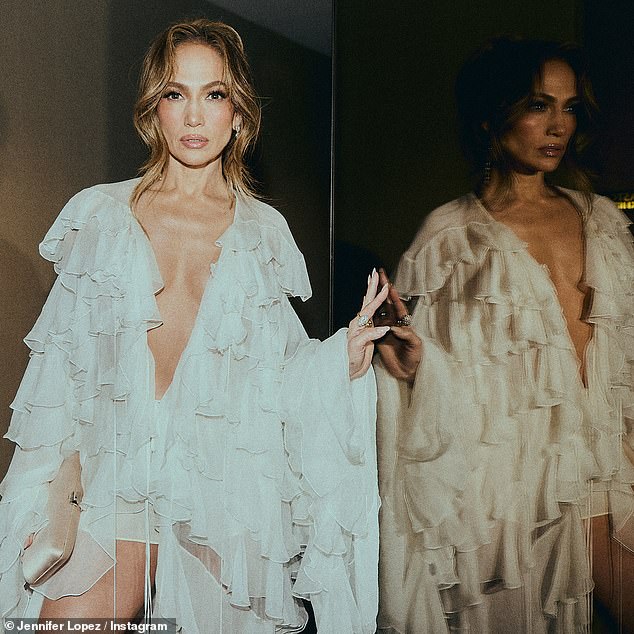 For the special occasion, which she attended without her husband at her side, JLo wore a plunging, white ruffled look — a $24,790 dress from Chloé’s Fall/Winter 2024 RTW collection