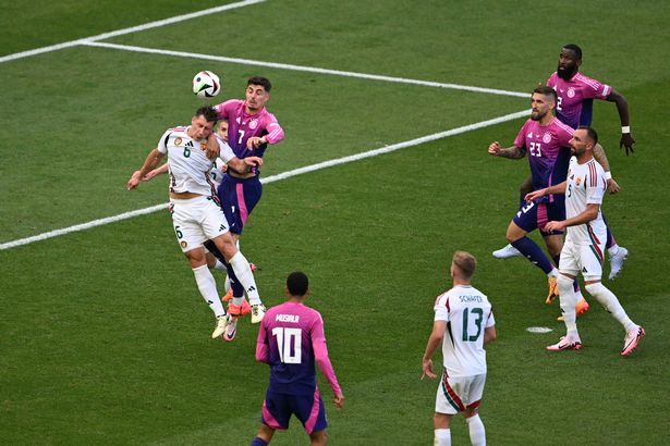 Hungary defender Willi Orban wins the header ahead of Kai Havertz