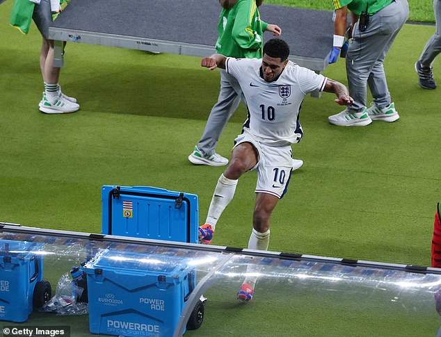 Jude Bellingham kicked a drinks cooler in frustration after England's defeat by Spain