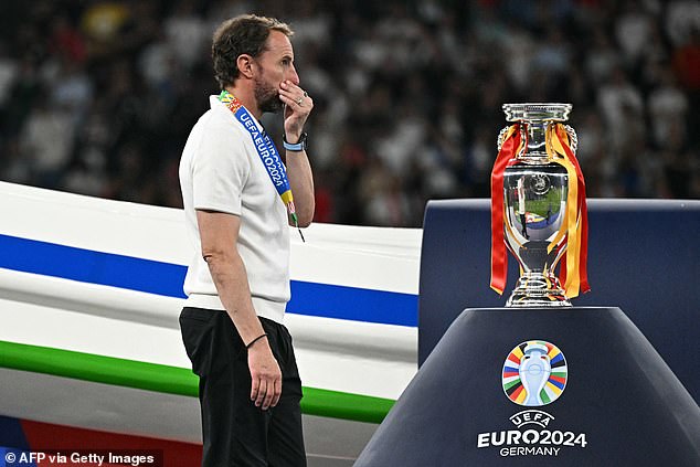 Gareth Southgate pictured walking past the European Championship trophy on Sunday night