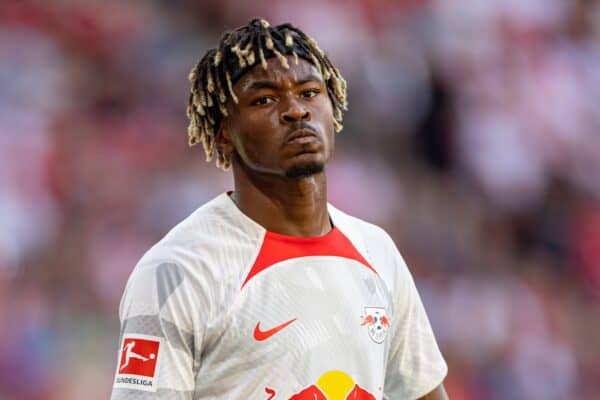 LEIPZIG, GERMANY - Thursday, July 21, 2022: RB Leipzig's Mohamed Simakan during a pre-season friendly match between RB Leipzig and Liverpool FC at the Red Bull Arena. Liverpool won 5-0. (Pic by David Rawcliffe/Propaganda)