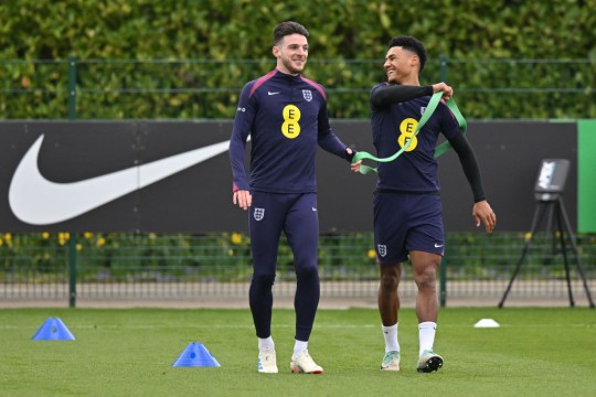 Declan Rice pictured in England training alongside Ollie Watkins ahead of an international friendly football match against Belgium