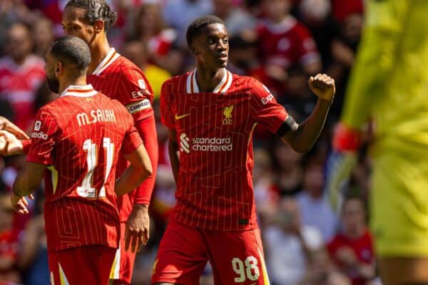 LIVERPOOL, ENGLAND - Sunday, August 11, 2024: Liverpool's Trey Nyoni celebrates after scoring the fourth goal during a pre-season friendly match between Liverpool FC and Sevilla FC at Anfield. (Photo by David Rawcliffe/Propaganda)