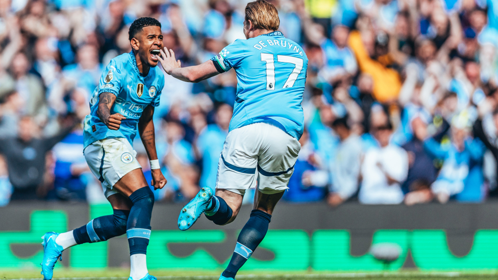 COMEBACK COMPLETE : KDB wheels away to celebrate after putting us ahead.