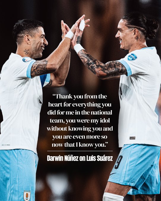 Darwin quote graphic from his Instagram - quote reads: Thank you from the heart for everything you did for me in the national team, you were my idol without knowing you and you are even more so now that I know you."