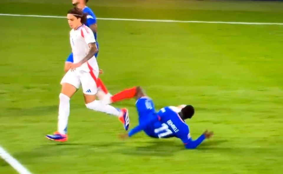 Demebele caught Calafiori on the back of the knee as he landed