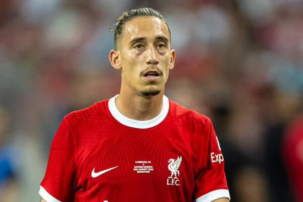 SINGAPORE - Wednesday, August 2, 2023: Liverpool's Kostas Tsimikas during a pre-season friendly match between Liverpool FC and FC Bayern Munich FC at the Singapore National Stadium. Bayern won 4-3. (Pic by David Rawcliffe/Propaganda)