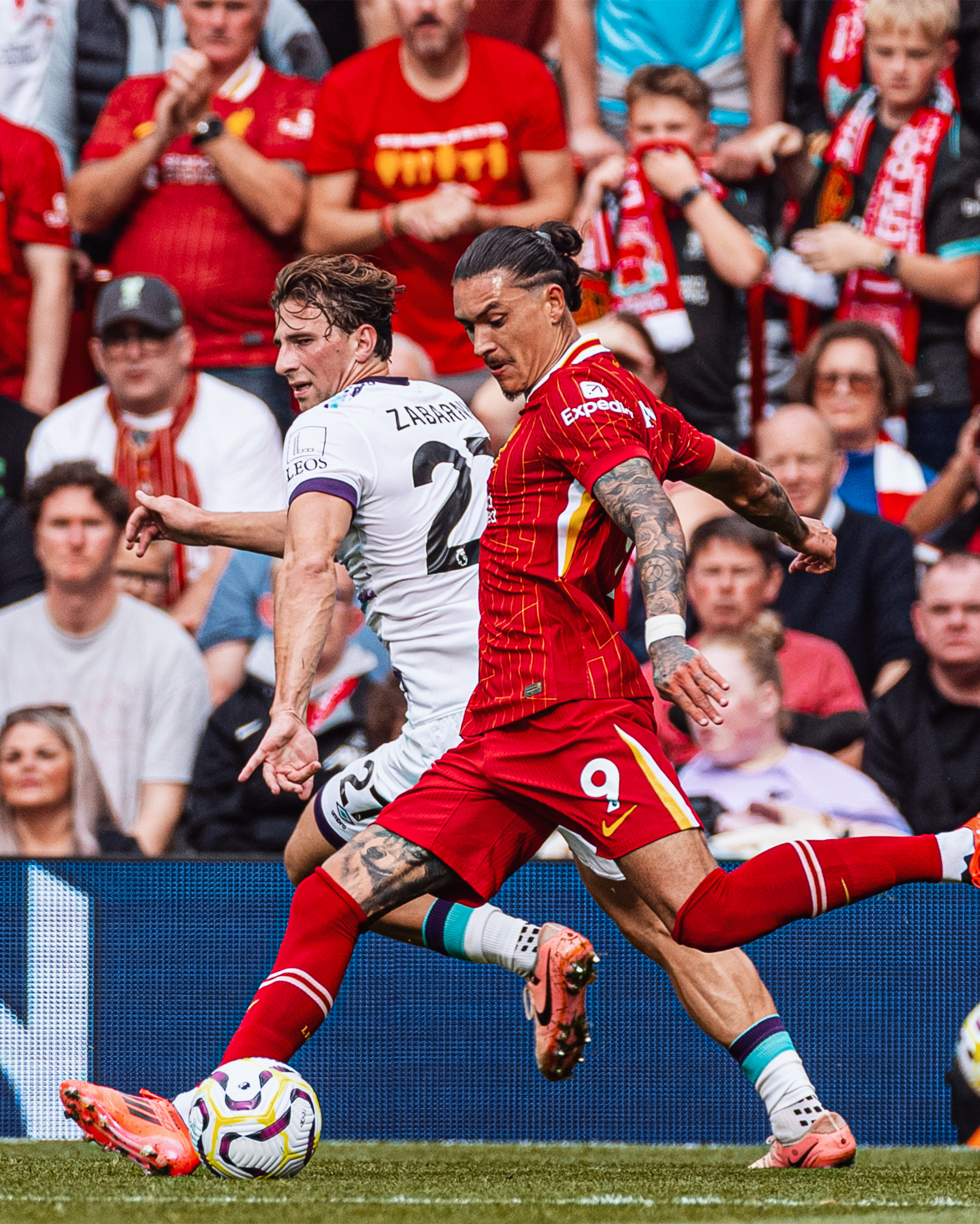 Nunez striking the ball at Anfield